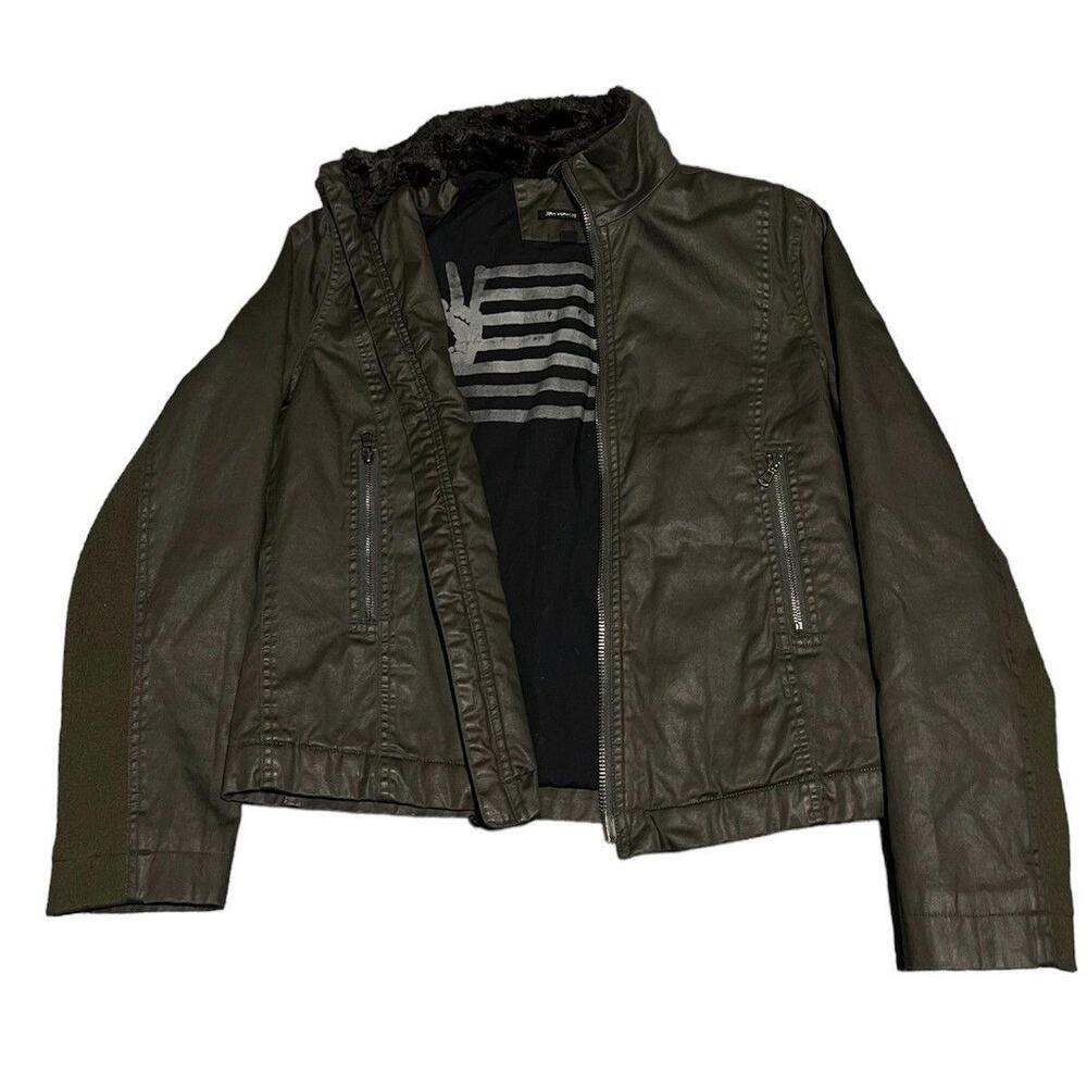 M John Varvatos Reversible Jacket Star USA Flag Stripe Brown Zip Fur collar